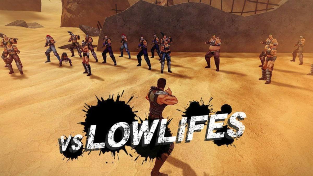 Une scène d'action avec plusieurs personnes dans un désert avec le titre 'VS LOWLIFES'.
