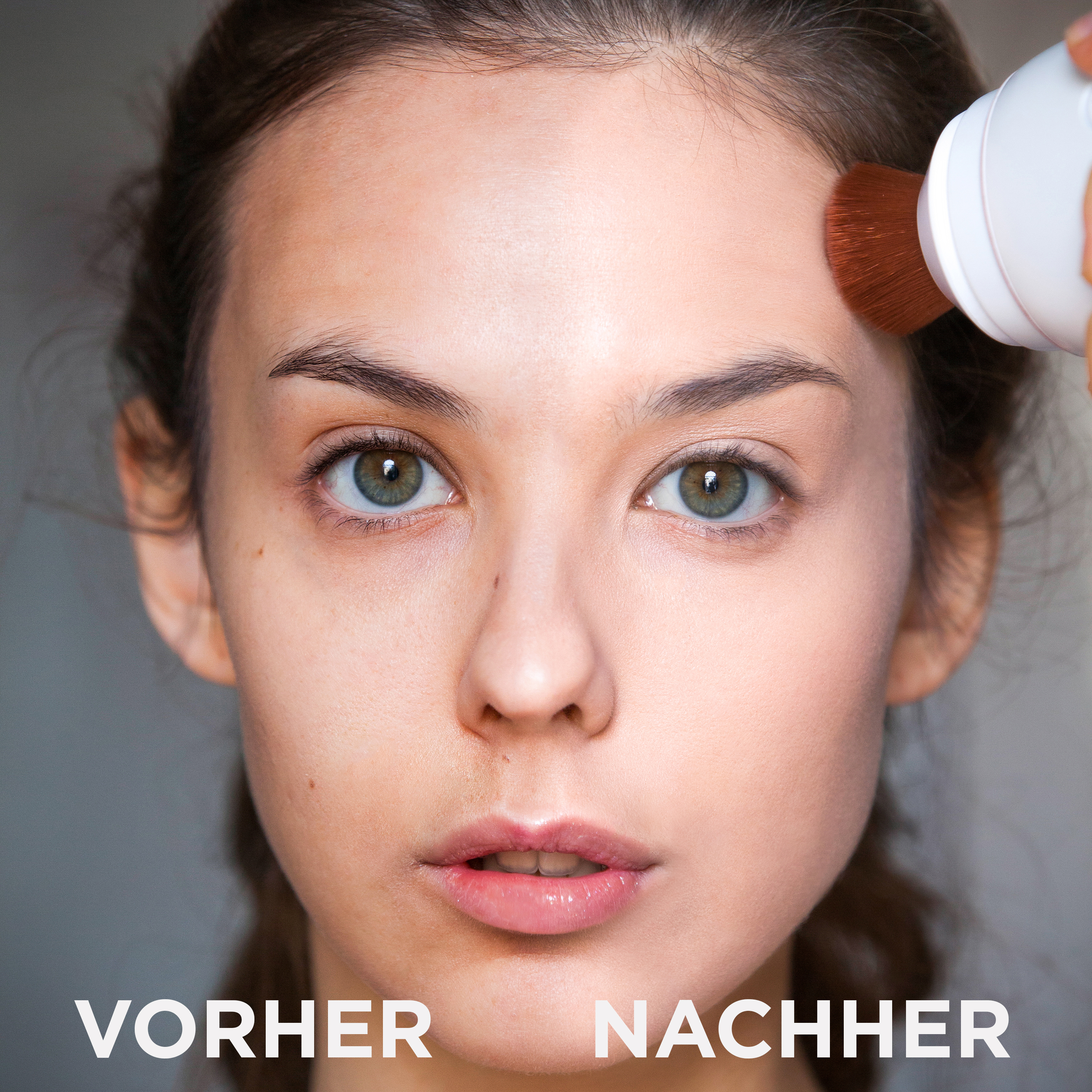 Gesicht einer Frau, die mit einem Pinsel geschminkt wird. Text sagt 'VORHER' und 'NACHHER', was vorher und nachher bedeutet.