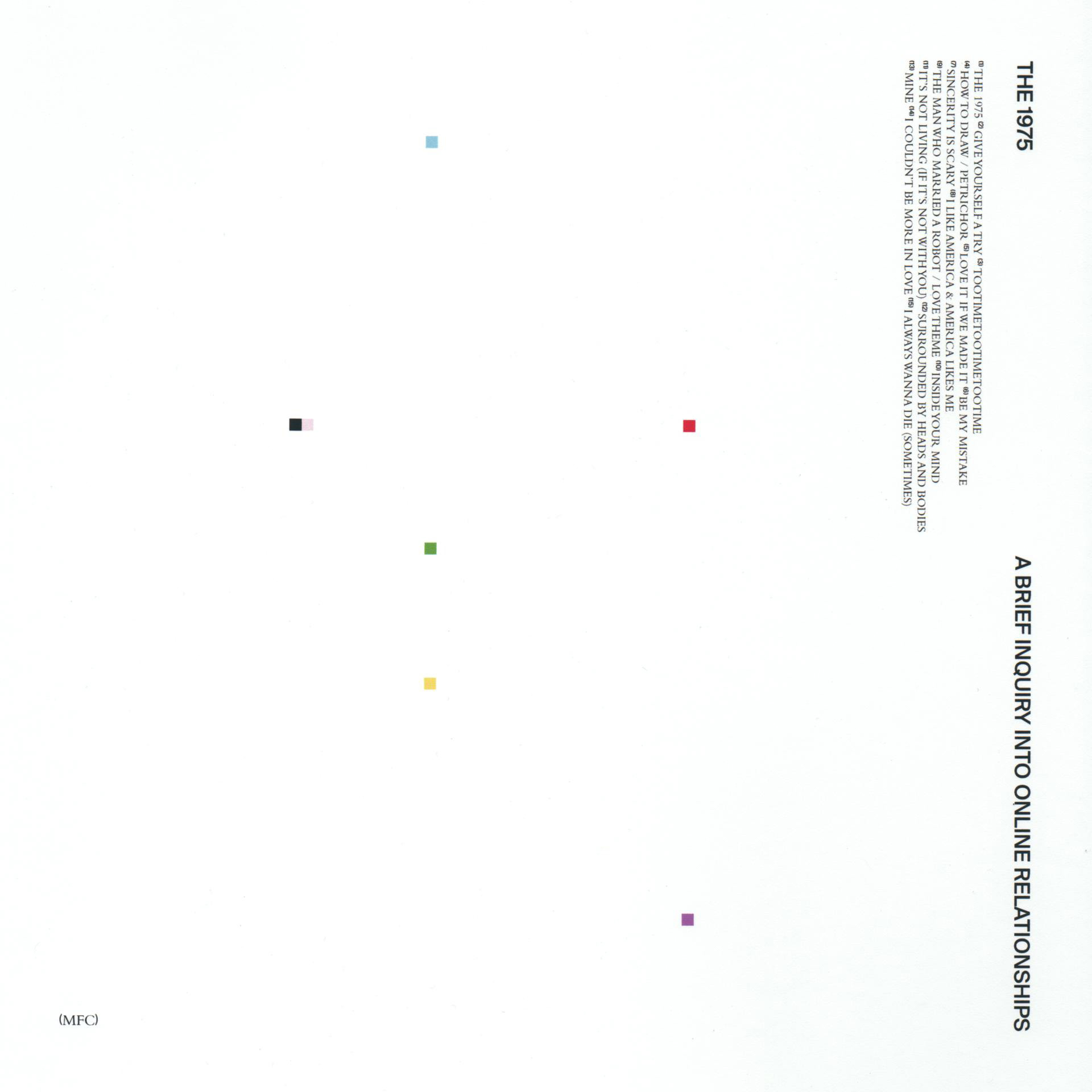 The 1975 Albumcover. Weißer Hintergrund mit farbigen Quadraten und Songtiteln.