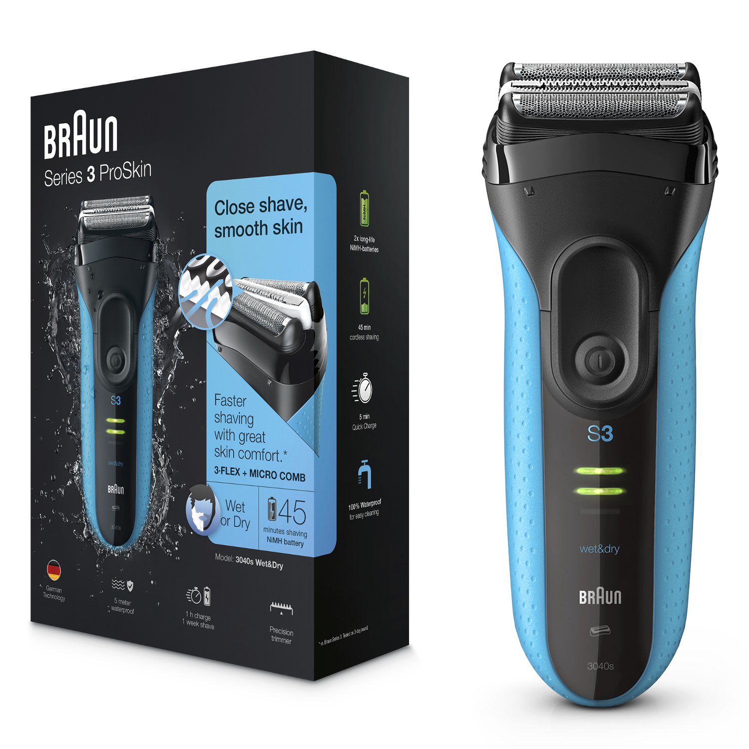 Kutulu Braun Series 3 ProSkin elektrikli tıraş makinesi. Tıraş makinesi mavi ve siyahtır, şarj göstergesi vardır.