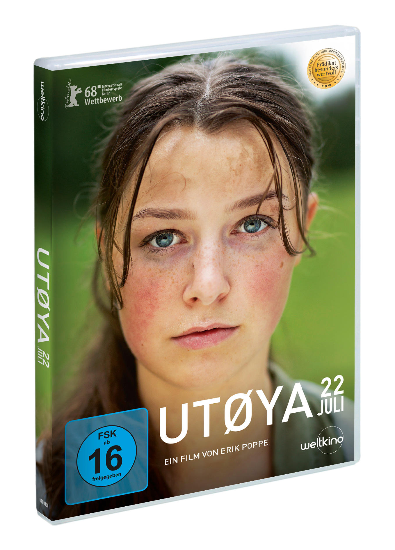DVD-Hülle mit dem Gesicht einer jungen Frau auf dem Cover. Der Titel lautet 'Utøya 22 Juli'.