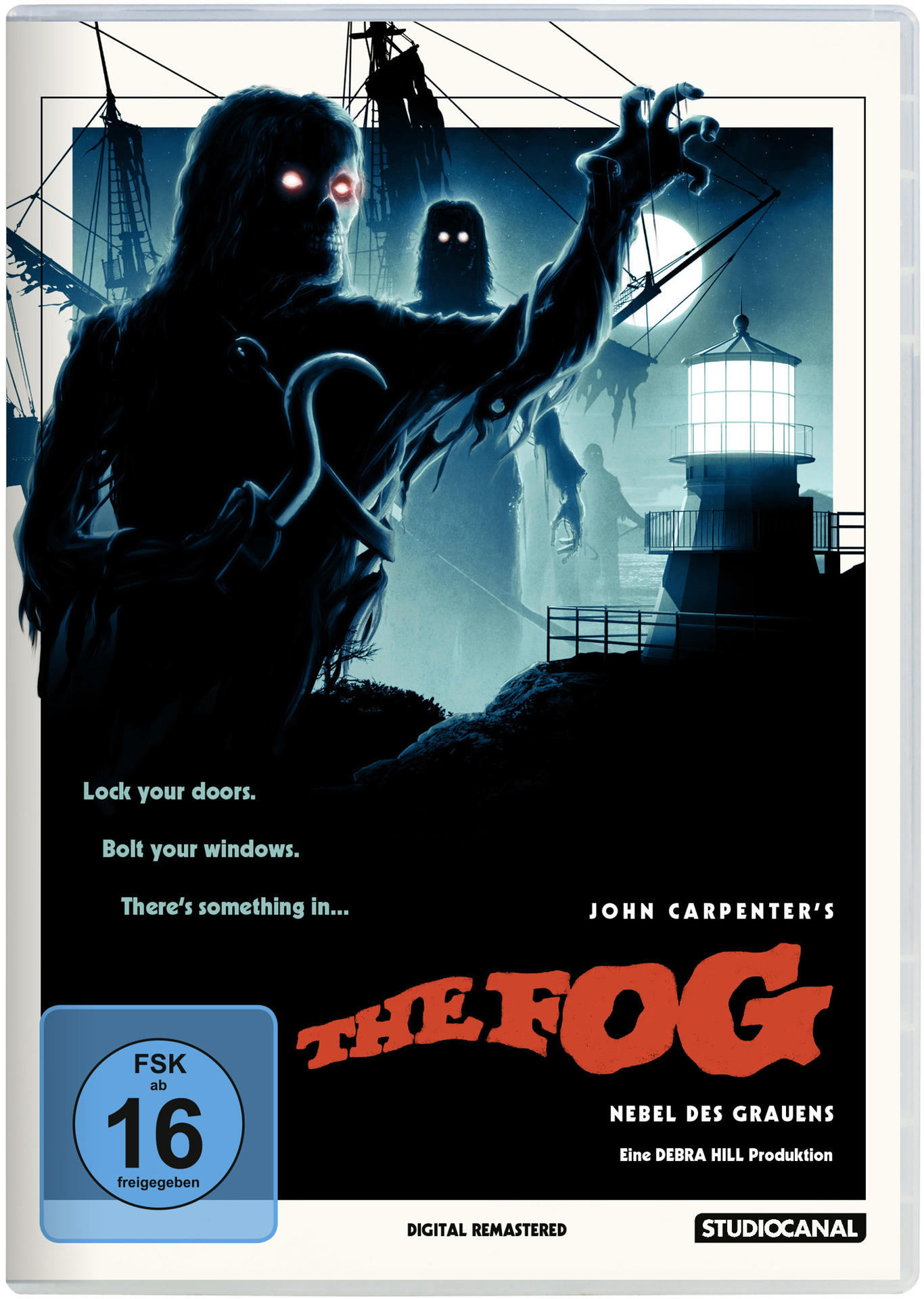Filmposter mit zwei Figuren in Silhouette und einem Leuchtturm in einer dunklen Szene.