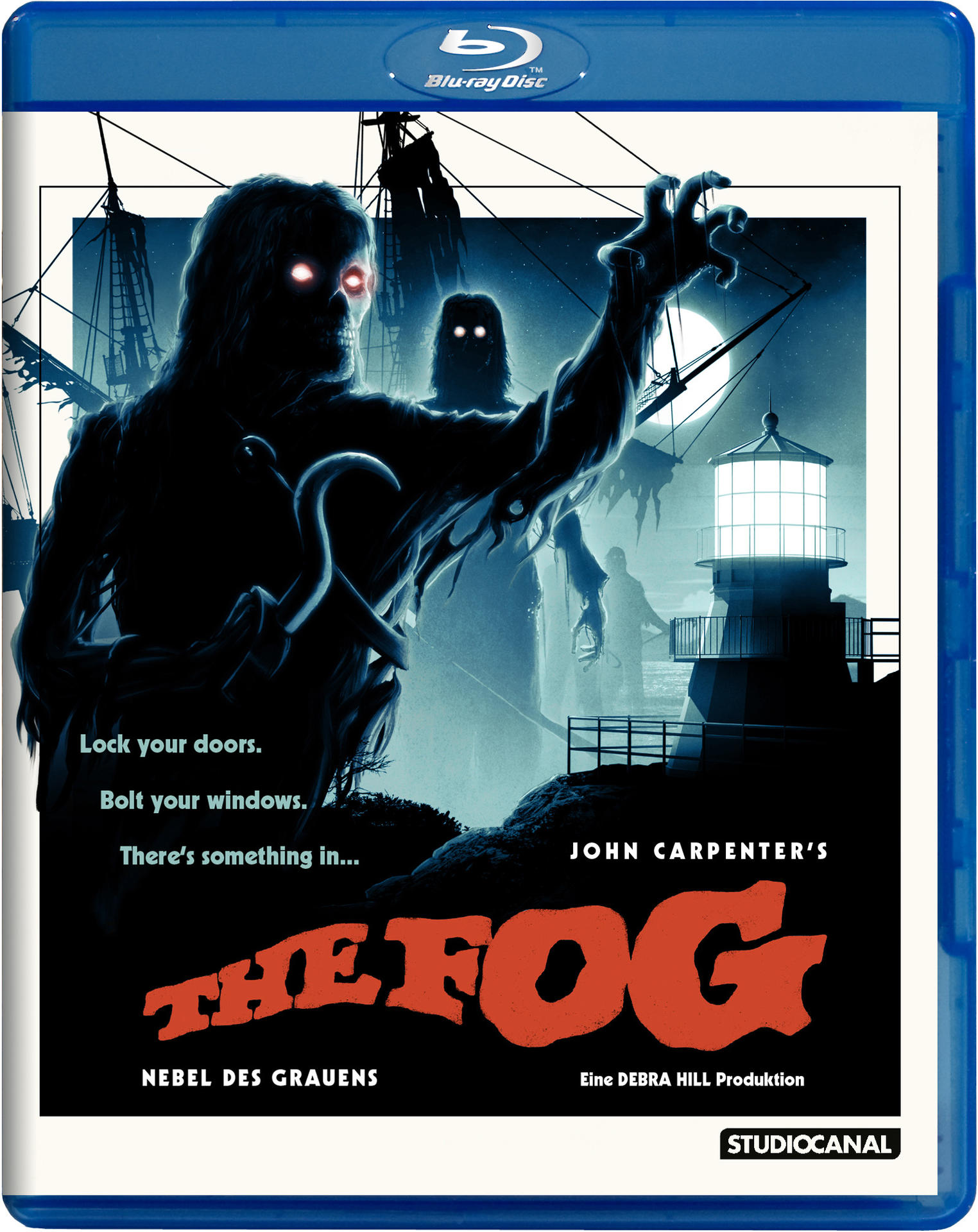 Blu-ray-Disc-Cover von 'The Fog' mit Geisterfiguren und einem Leuchtturm.