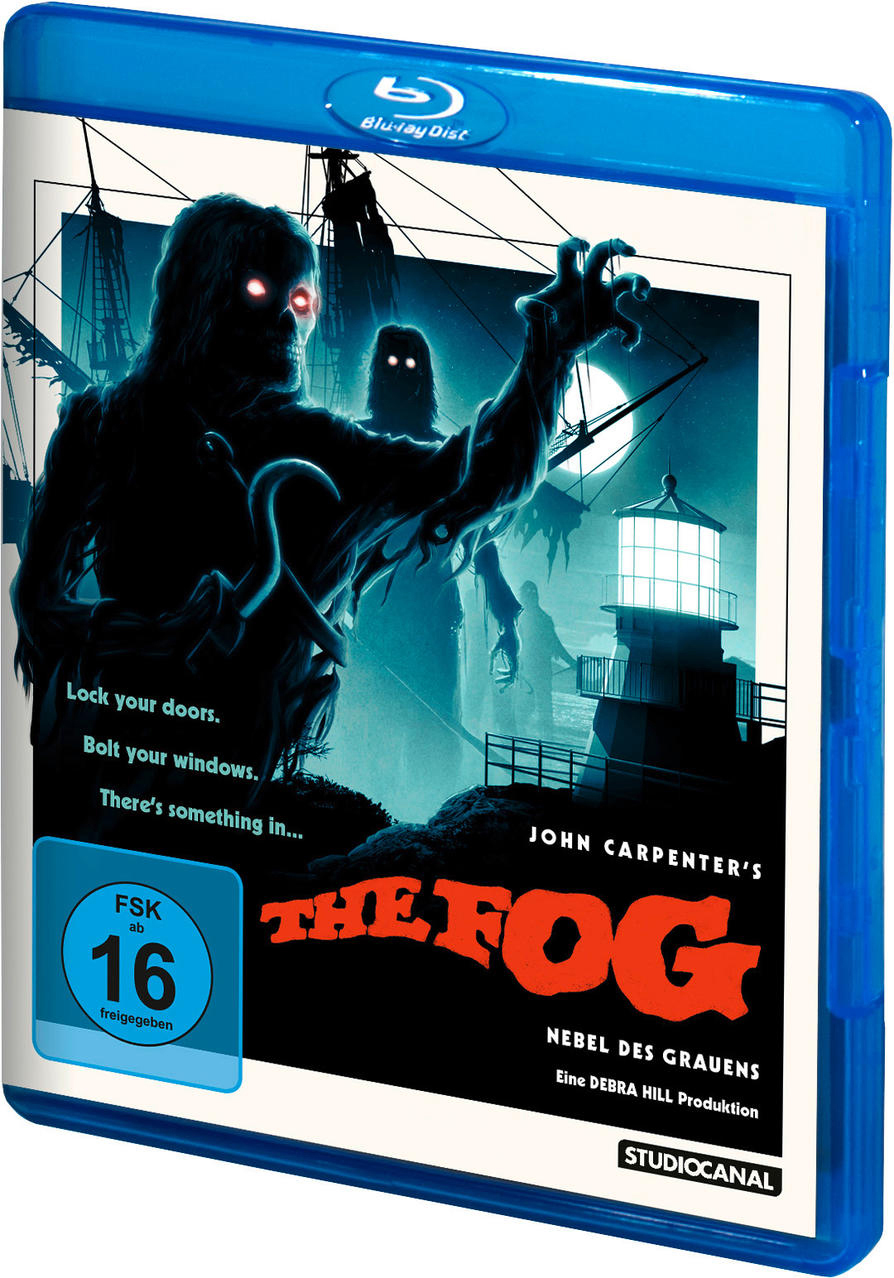 Filmcover: The Fog. Silhouette einer Figur mit leuchtenden Augen. Leuchtturm und Boot im Nebel.