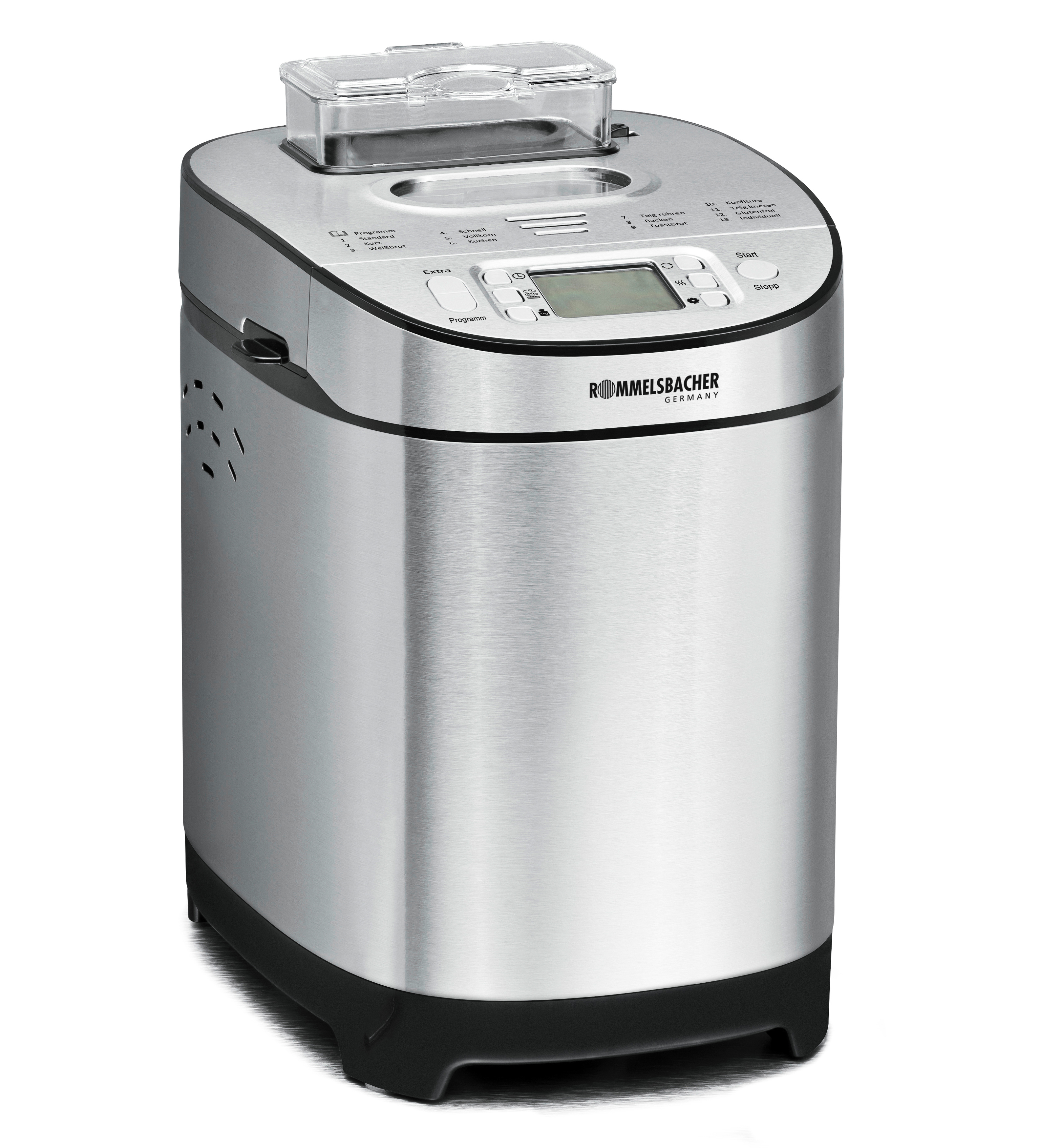 Silberne Brotbackmaschine. Knöpfe, Display und ein transparenter Deckel oben.