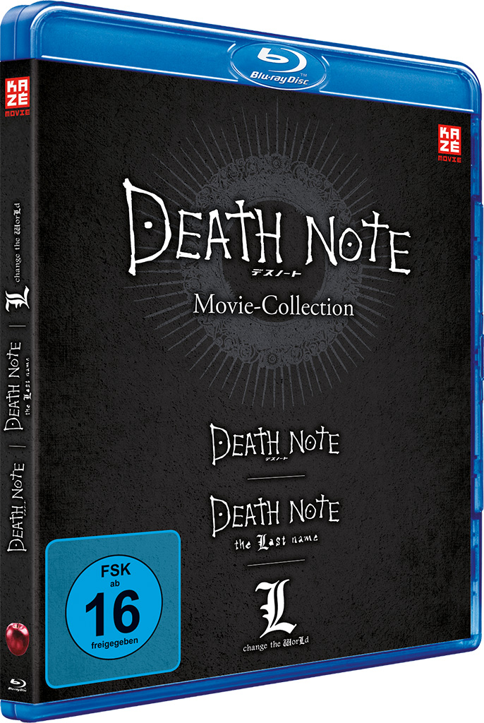 Blu-ray-Boxset für 'Death Note Movie Collection'. Schwarzer Hintergrund mit japanischem und englischem Text.