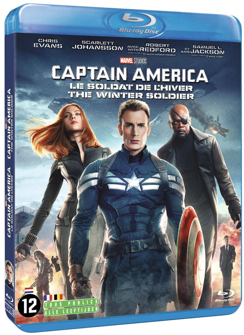 Blu-ray cover voor Captain America: The Winter Soldier. Met Chris Evans en Scarlett Johansson.