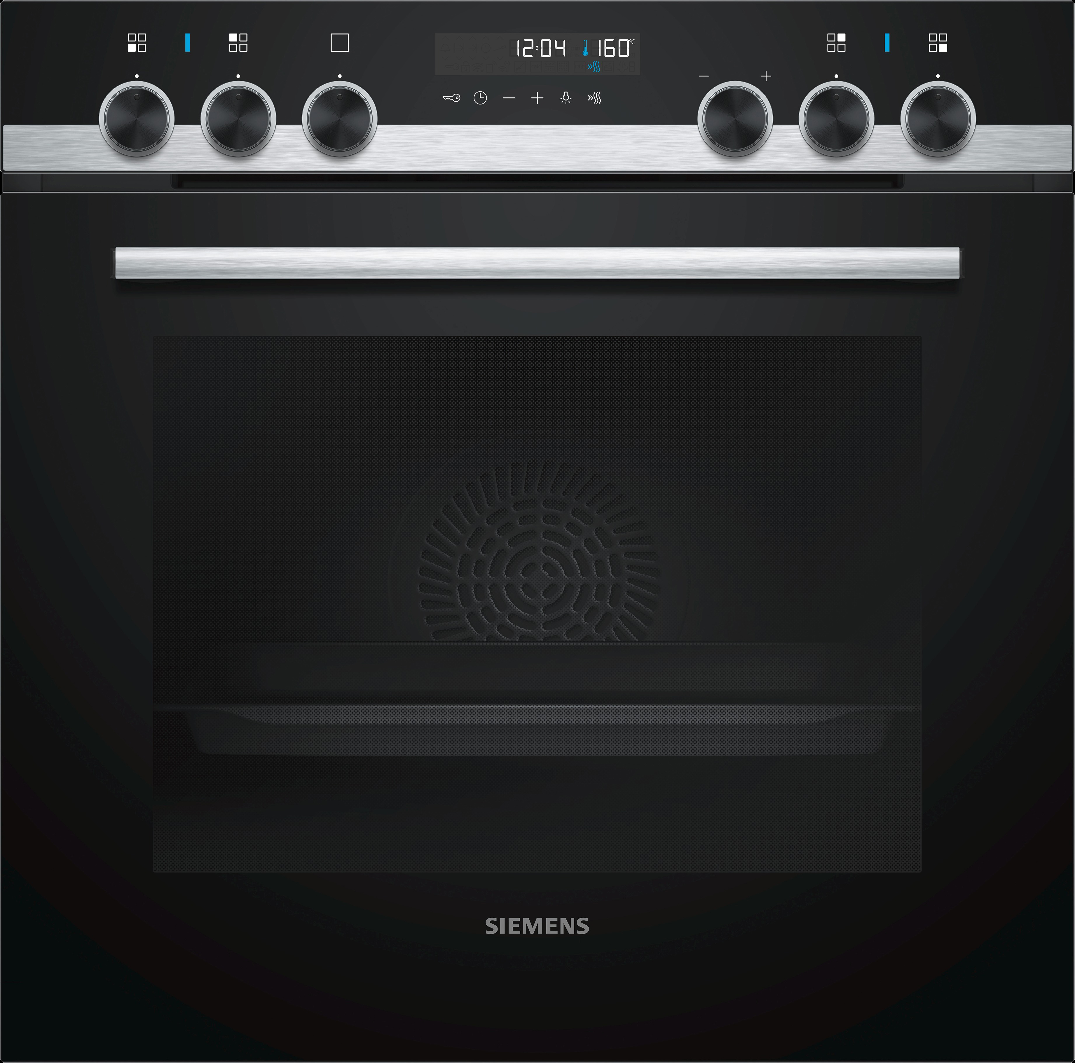 Schwarzer Backofen mit Digitalanzeige und mehreren Bedienknöpfen.