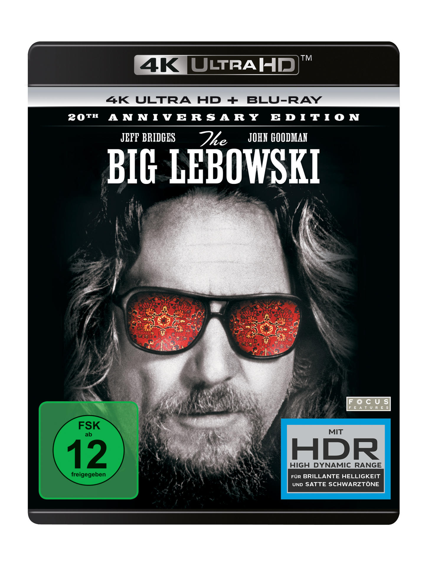 DVD-Cover für "The Big Lebowski" mit Jeff Bridges. Bild zeigt Bridges' Gesicht mit rot getönten Sonnenbrillen.