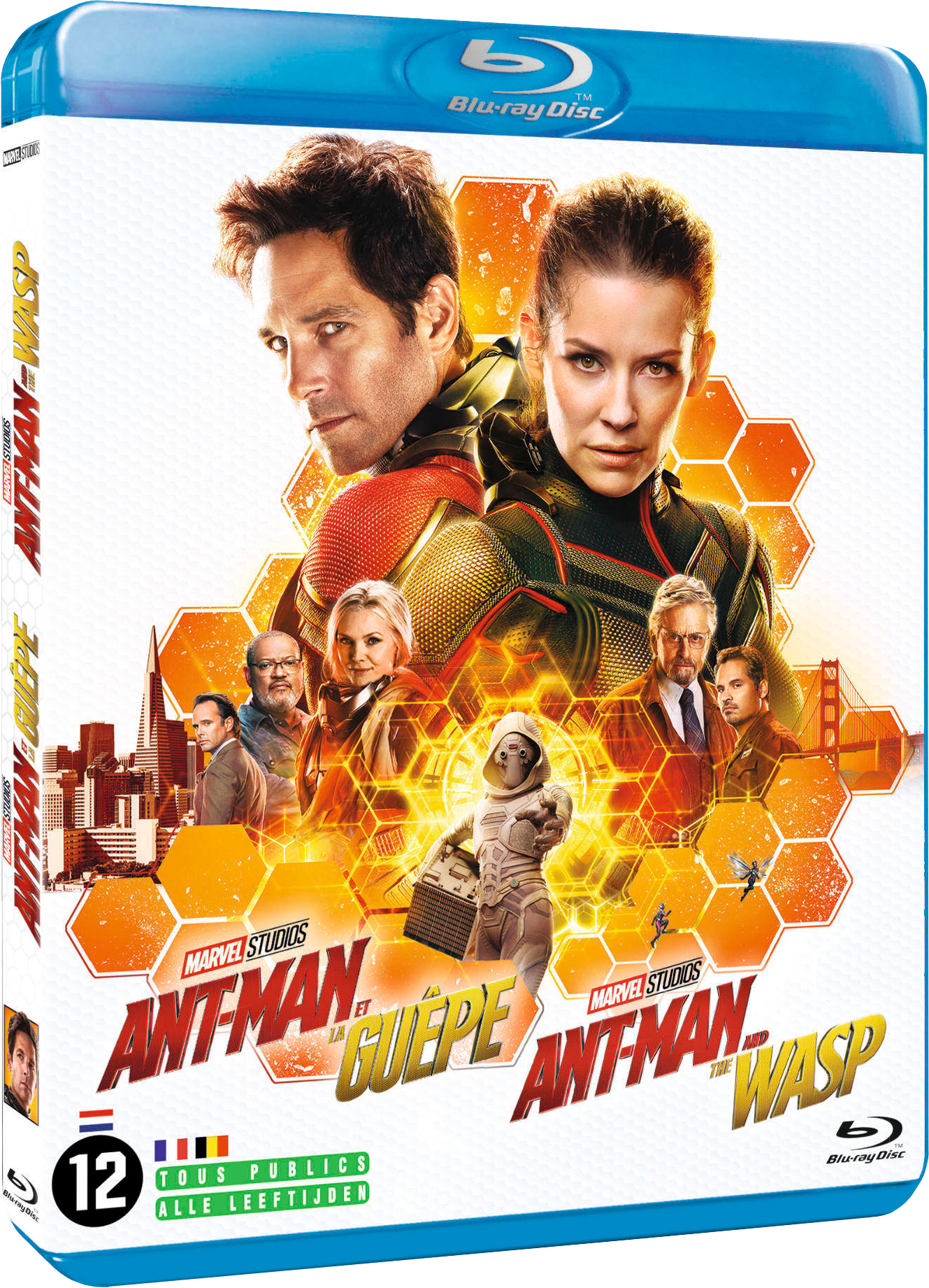 DVD-hoes voor 'Ant-Man and The Wasp'. Toont acteurs en een skyline. Blu-ray ontwerp.