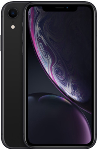 Schwarzes iPhone XR. Kamera oben links. Der Bildschirm zeigt einen bunten Hintergrund.