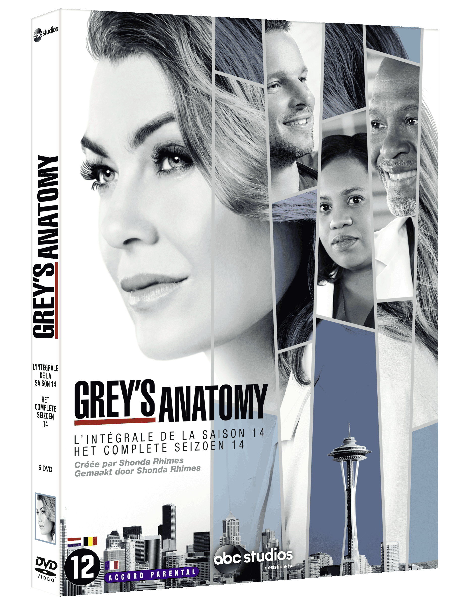 DVD-hoes van Grey's Anatomy. Gezichten van castleden. Tekst zegt Grey's Anatomy en seizoen 14.