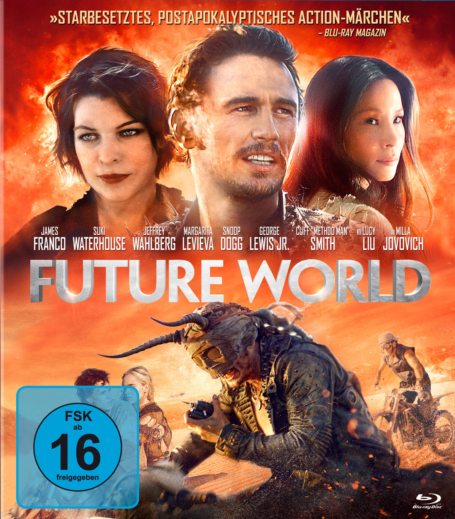 Filmplakat: Drei Schauspieler mit Text: Future World. Eine postapokalyptische Szene mit einer Person mit Maske.