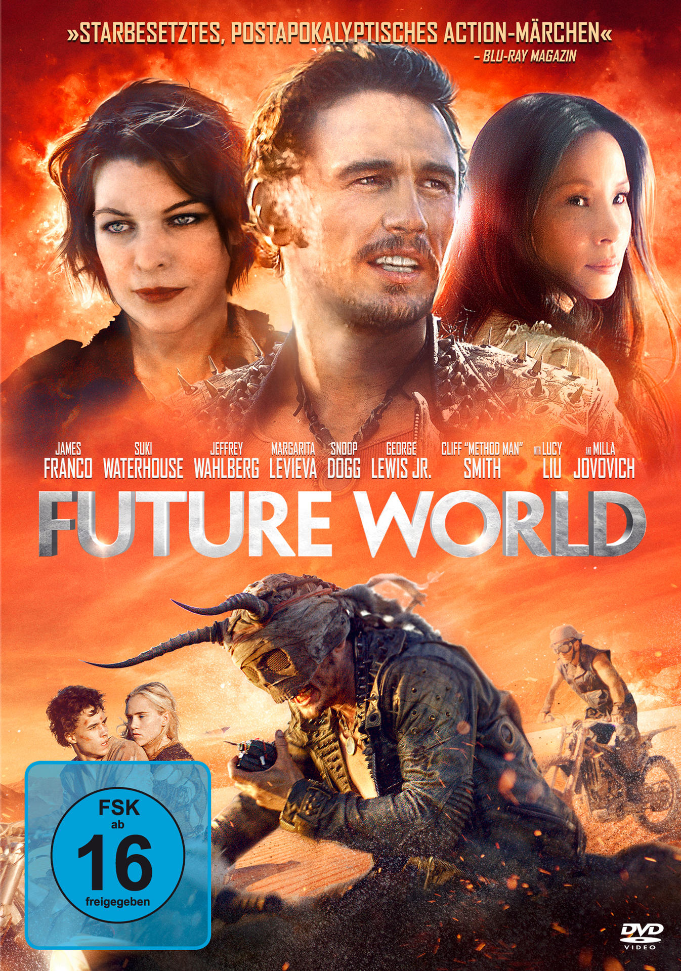 Filmposter mit drei Personen und Text. Ein Monster und ein Motorrad unten.