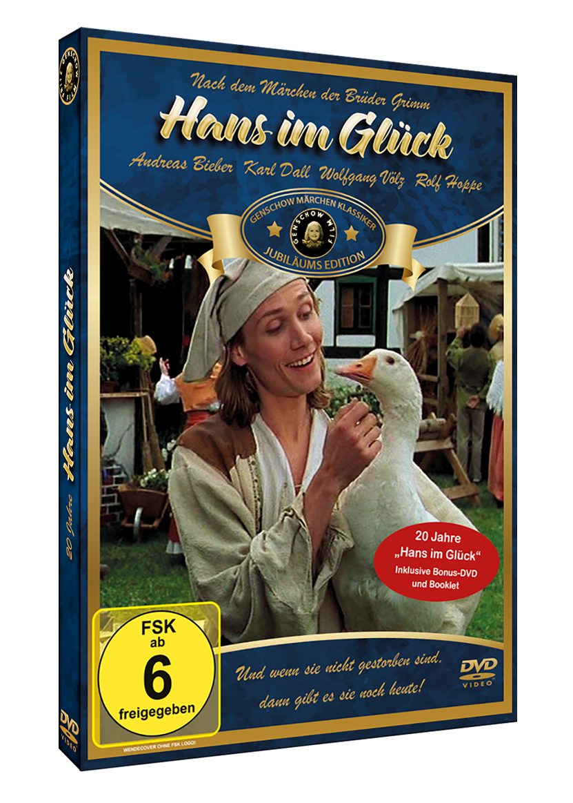 DVD-Cover für Hans im Glück. Es zeigt einen Mann mit einer Gans. Der Hintergrund ist blau mit goldenem Text.