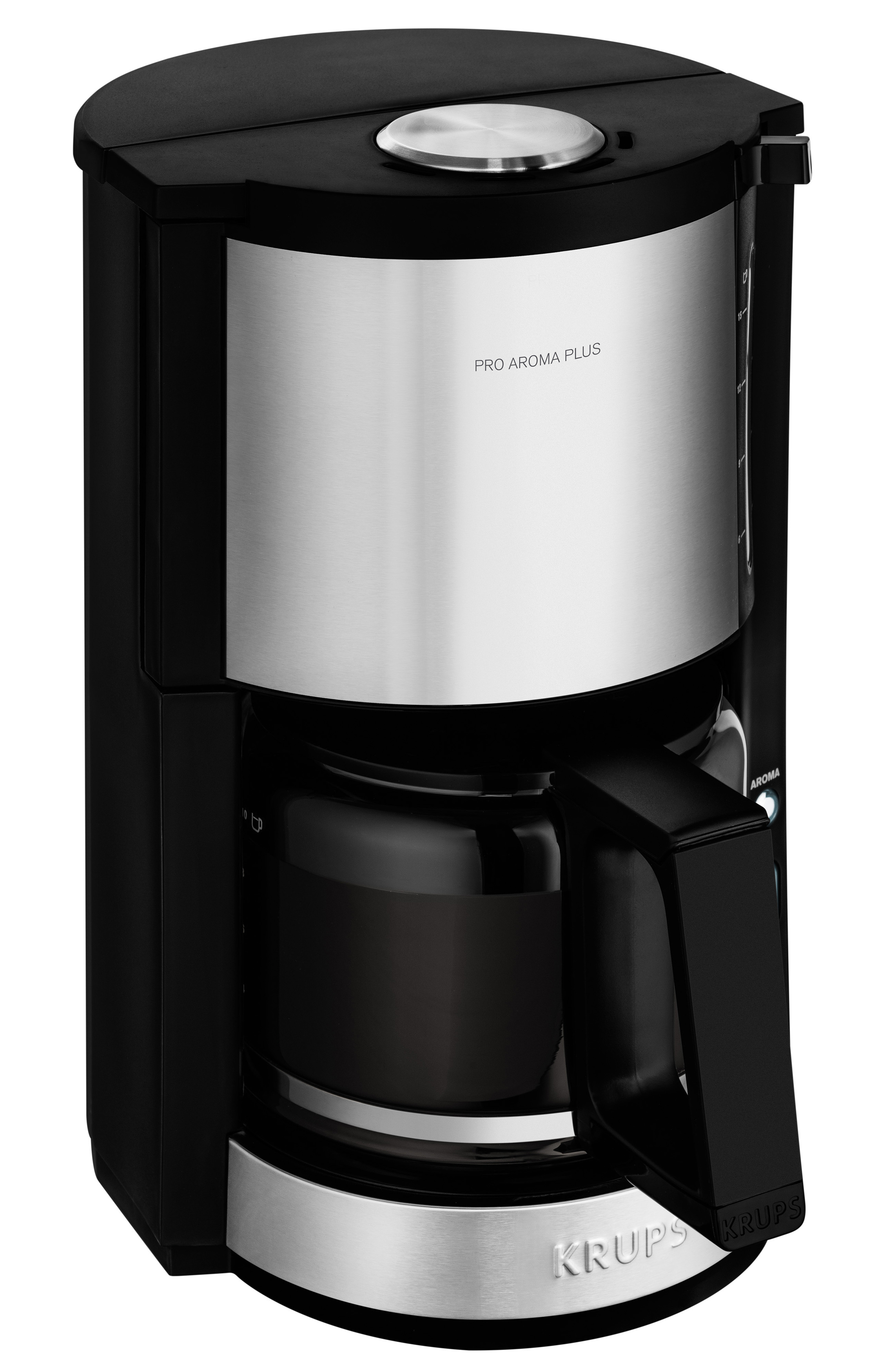 Schwarze und silberne Krups Kaffeemaschine. Glaskaraffe sichtbar. Text Pro Aroma Plus sichtbar.