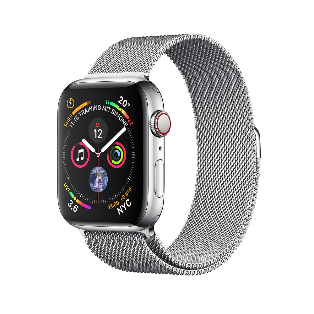 APPLE Watch Series 4 (GPS + Cellular) 40 mm Smartwatch Edelstahl Milanaise, 130-200 mm, Armband: Silber, Gehäuse: Silber