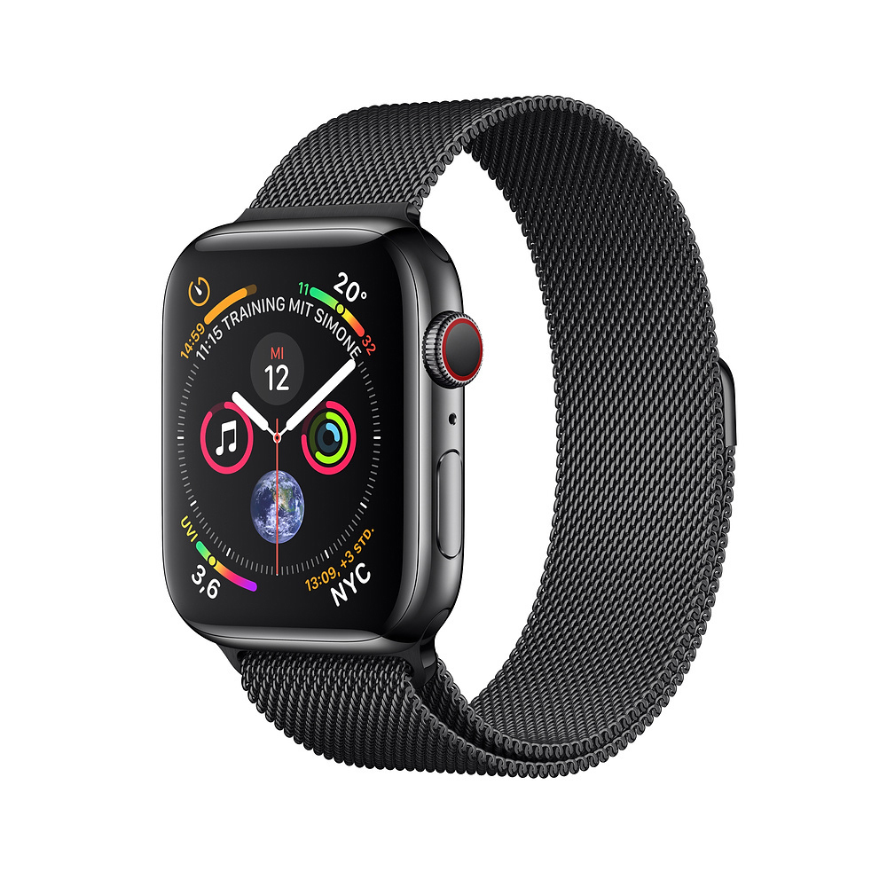 APPLE Watch Series 4 (GPS + Cellular) 40 mm Smartwatch Edelstahl Milanaise, 130-200 mm, Armband: Schwarz, Gehäuse: Schwarz