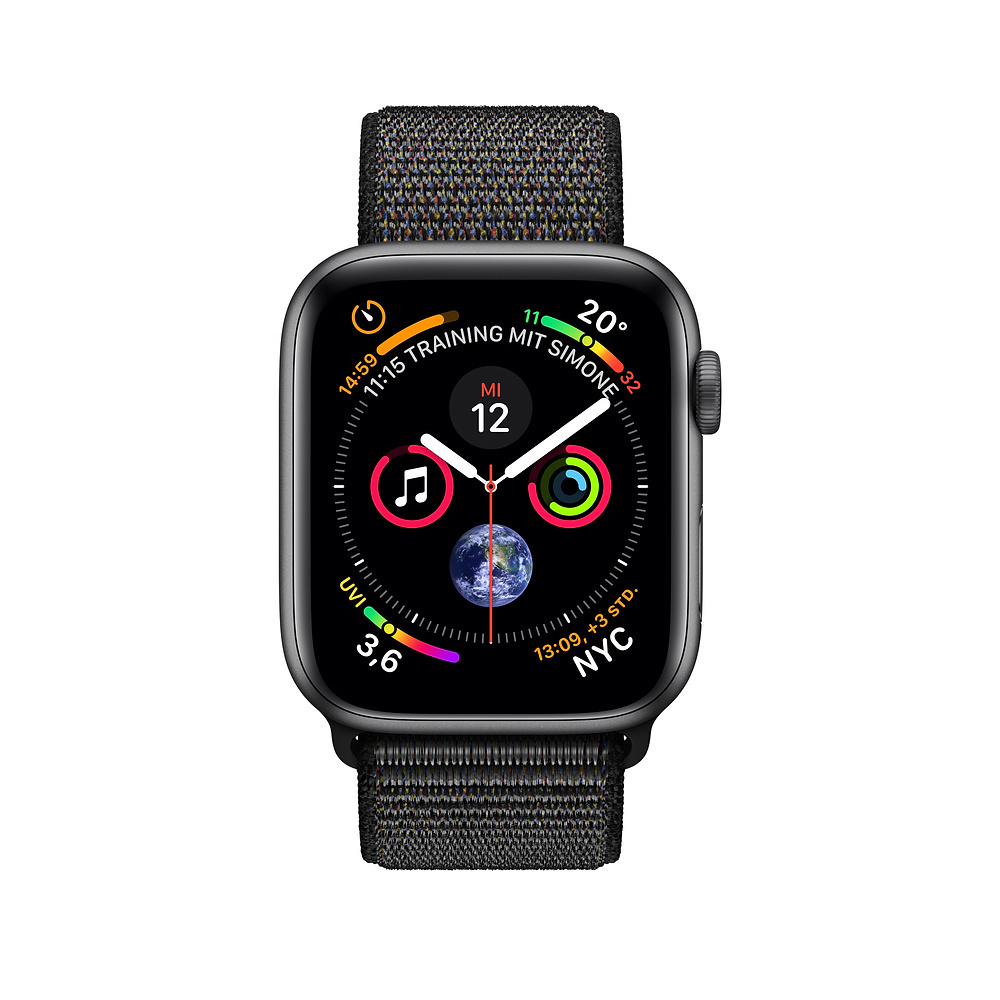 APPLE Watch Series 4 (GPS + Cellular) 44mm Smartwatch Aluminium gewebtes Nylon, 140-210 mm, Armband: Schwarz, Gehäuse: Dunkelgrau