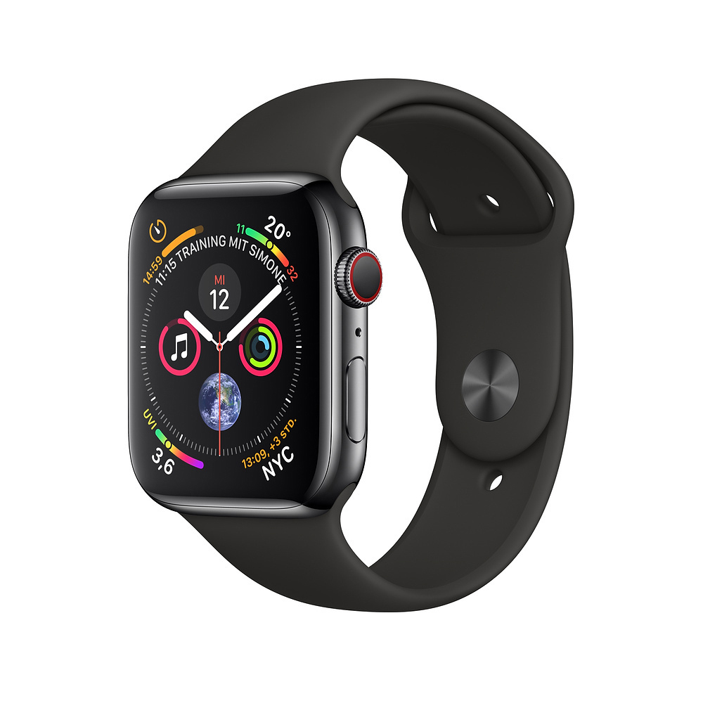 APPLE Watch Series 4 (GPS + Cellular) 40 mm Smartwatch Edelstahl Kunststoff, 130-200 mm, Armband: Schwarz, Gehäuse: Schwarz