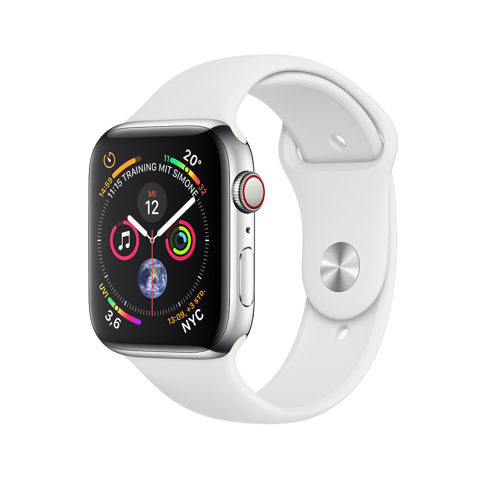 APPLE Watch Series 4 (GPS + Cellular) 40 mm Smartwatch Edelstahl Kunststoff, 130-200 mm, Armband: Weiß, Gehäuse: Silber