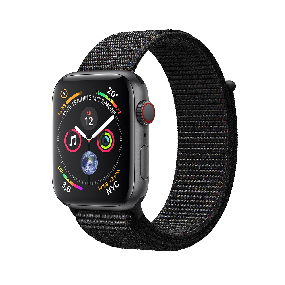 APPLE Watch Series 4 (GPS + Cellular) 40 mm Smartwatch Aluminium gewebtes Nylon, 130-200 mm, Armband: Schwarz, Gehäuse: Dunkelgrau