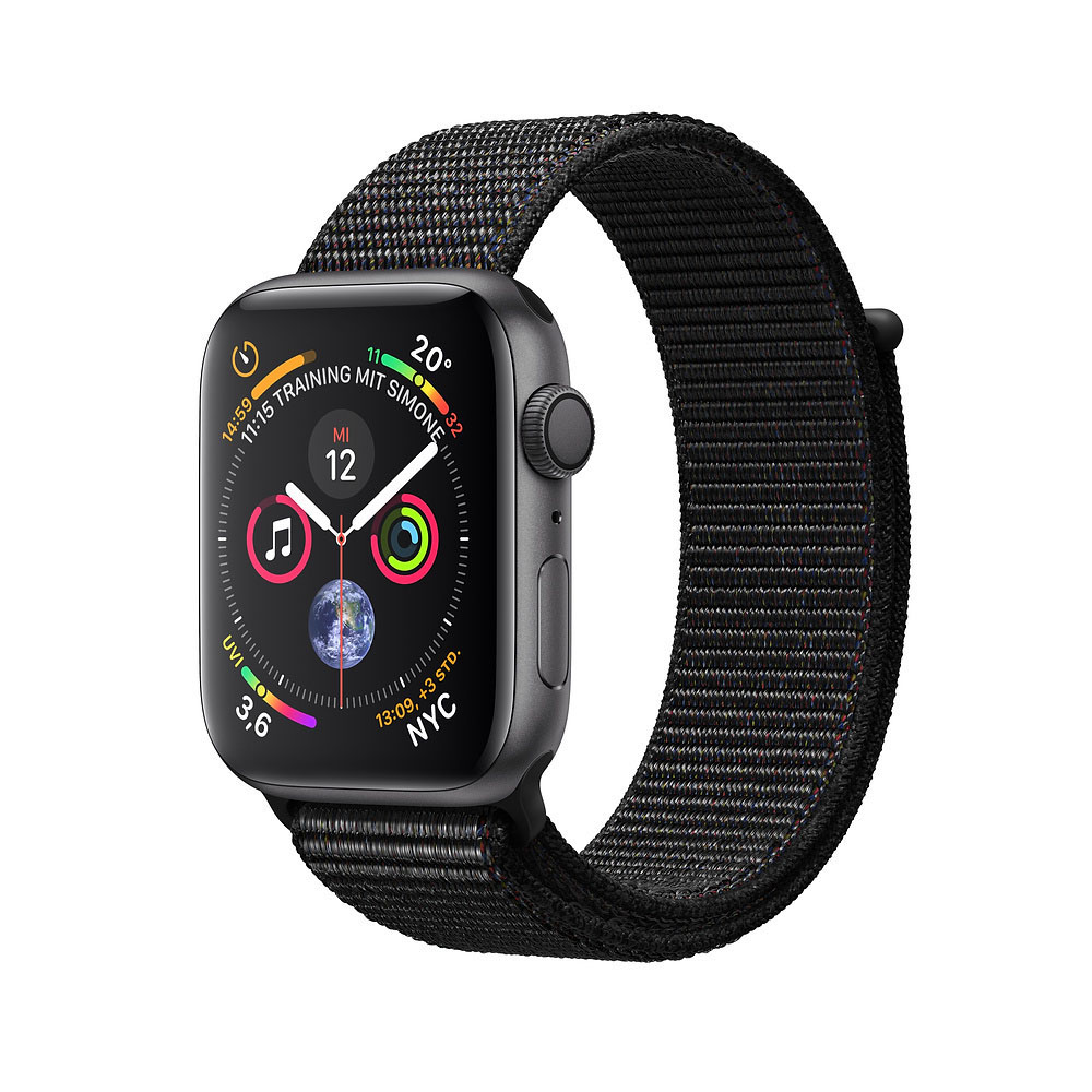 APPLE Watch Series 4 44mm Smartwatch Aluminium gewebtes Nylon, 140-210 mm, Armband: Schwarz, Gehäuse: Dunkelgrau