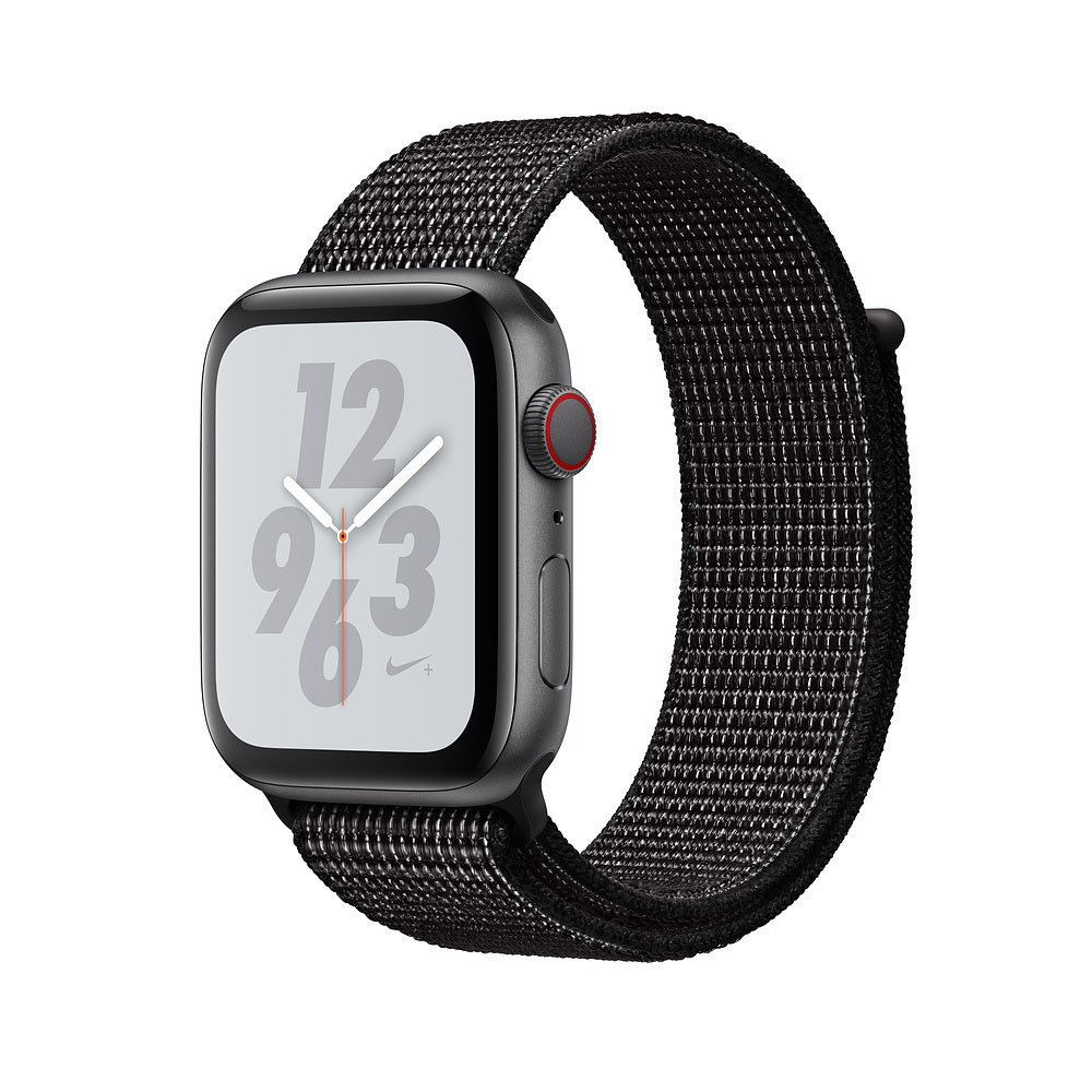 APPLE Watch Series 4 (GPS + Cellular) 40 mm Smartwatch Aluminium gewebtes Nylon, 130-200 mm, Armband: Schwarz, Gehäuse: Dunkelgrau