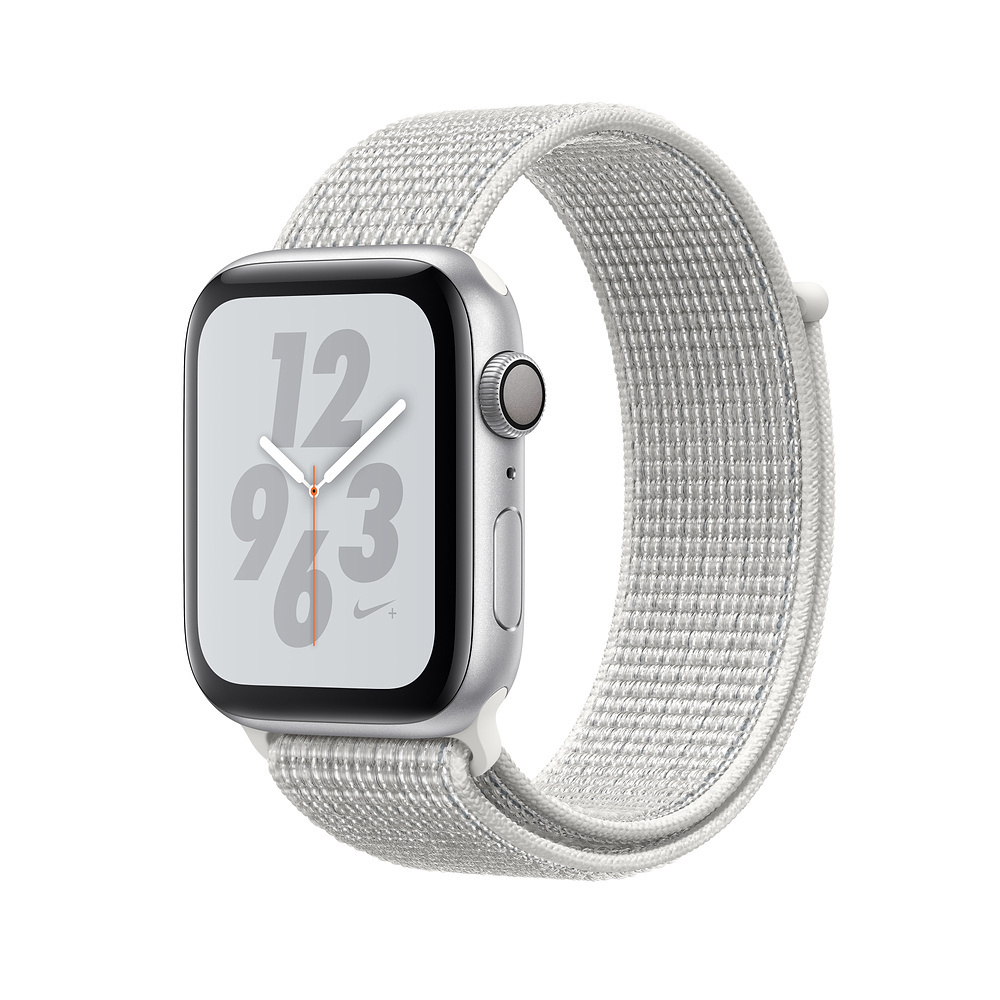 APPLE Watch Nike+ Series 4  44mm Smartwatch Aluminium gewebtes Nylon, 145-220 mm, Armband: Weiß, Gehäuse: Silber