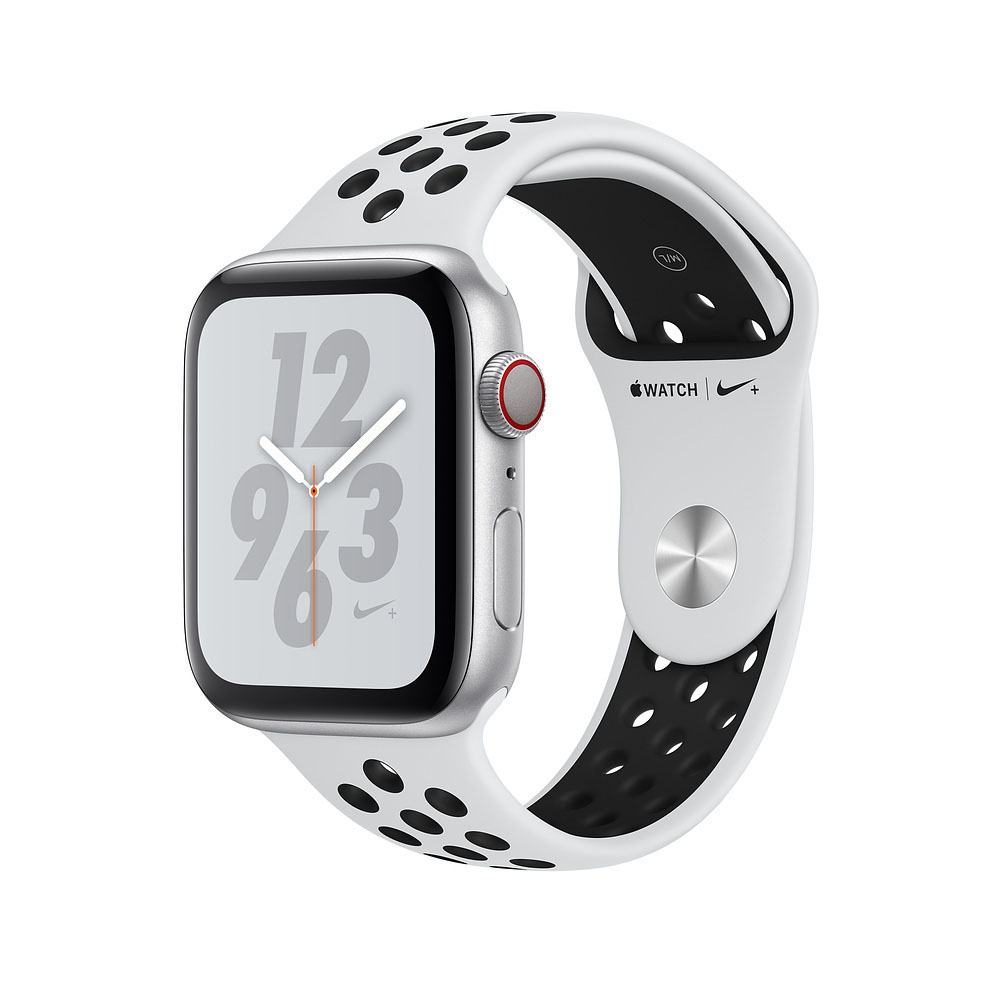 APPLE Watch Series 4 (GPS + Cellular) 44 mm Smartwatch Aluminium Kunststoff, 145-220 mm, Armband: Platinum/Schwarz, Gehäuse: Silber