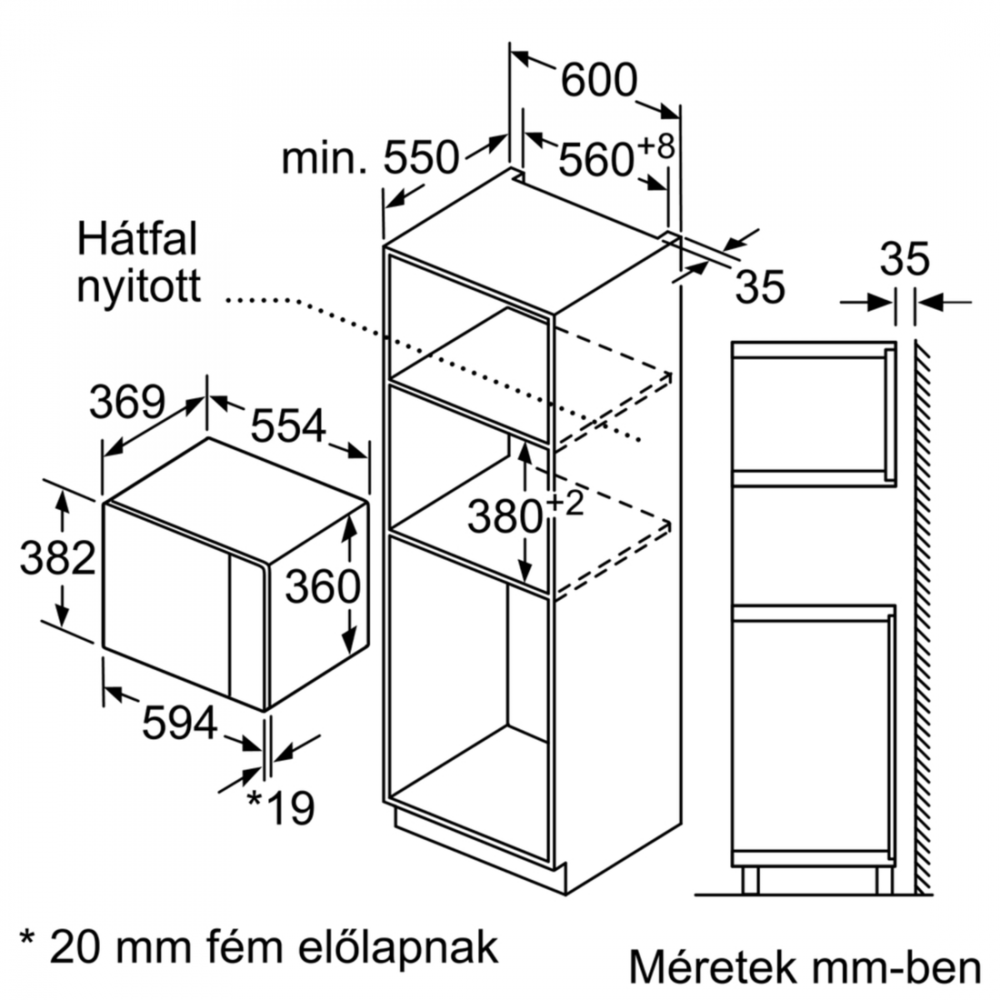 Műszaki rajz beépíthető mikrohullámú sütő és sütő egység méreteivel mm-ben, egymás mellett.