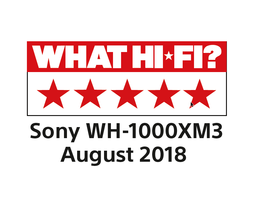 What Hi-Fi?-Auszeichnung mit 5 Sternen. Text: 'Sony WH-1000XM3' und 'August 2018'.