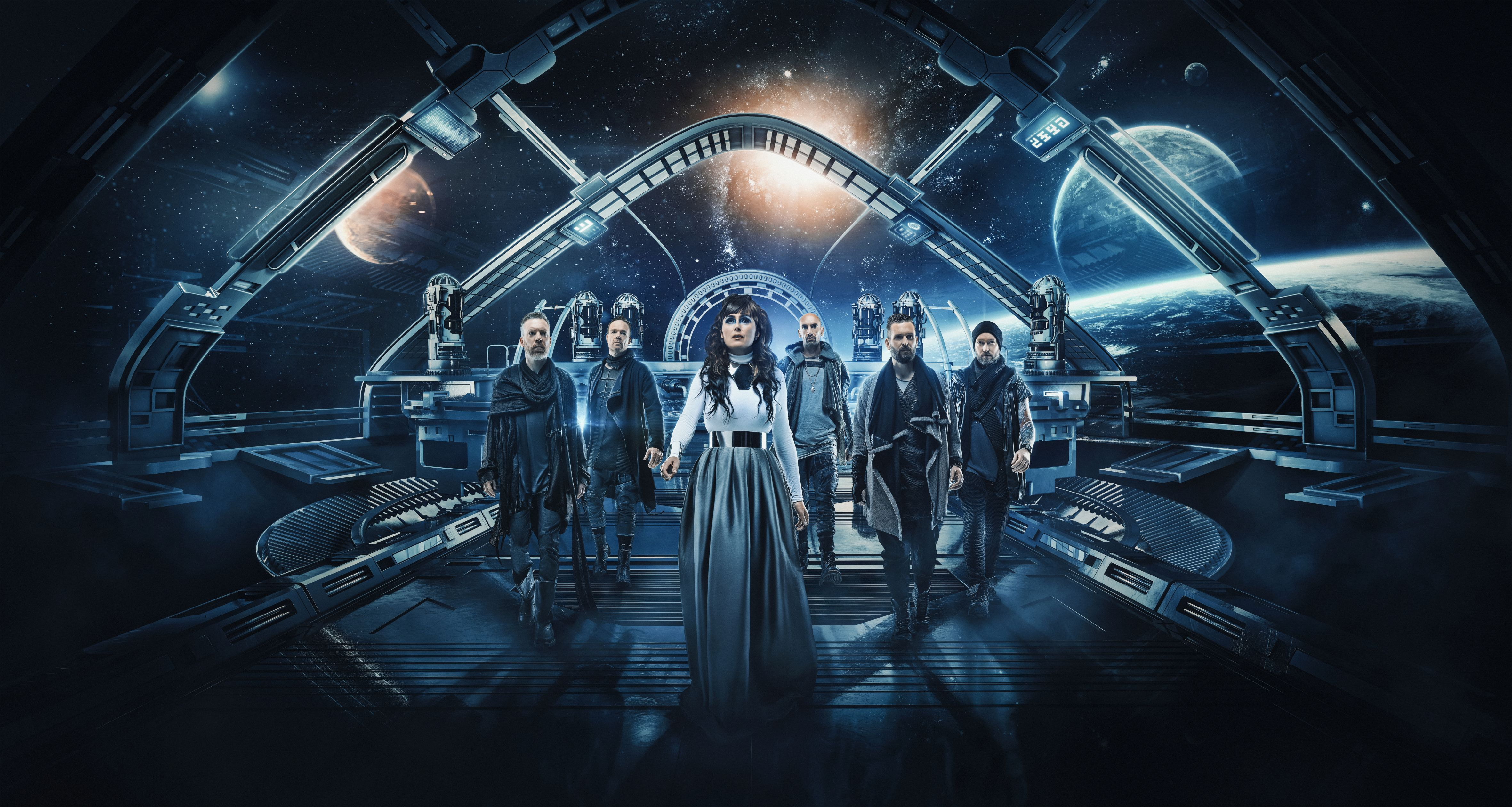 Band auf Raumschiffbrücke, Blick ins All. Futuristische Szene.