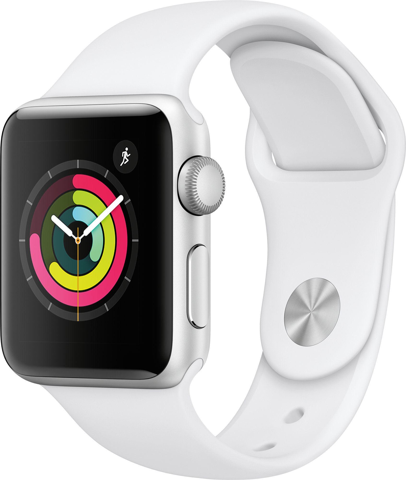 Witte Apple Watch met een witte band. Scherm toont activiteitenringen en het hardloopmannetje-icoon.