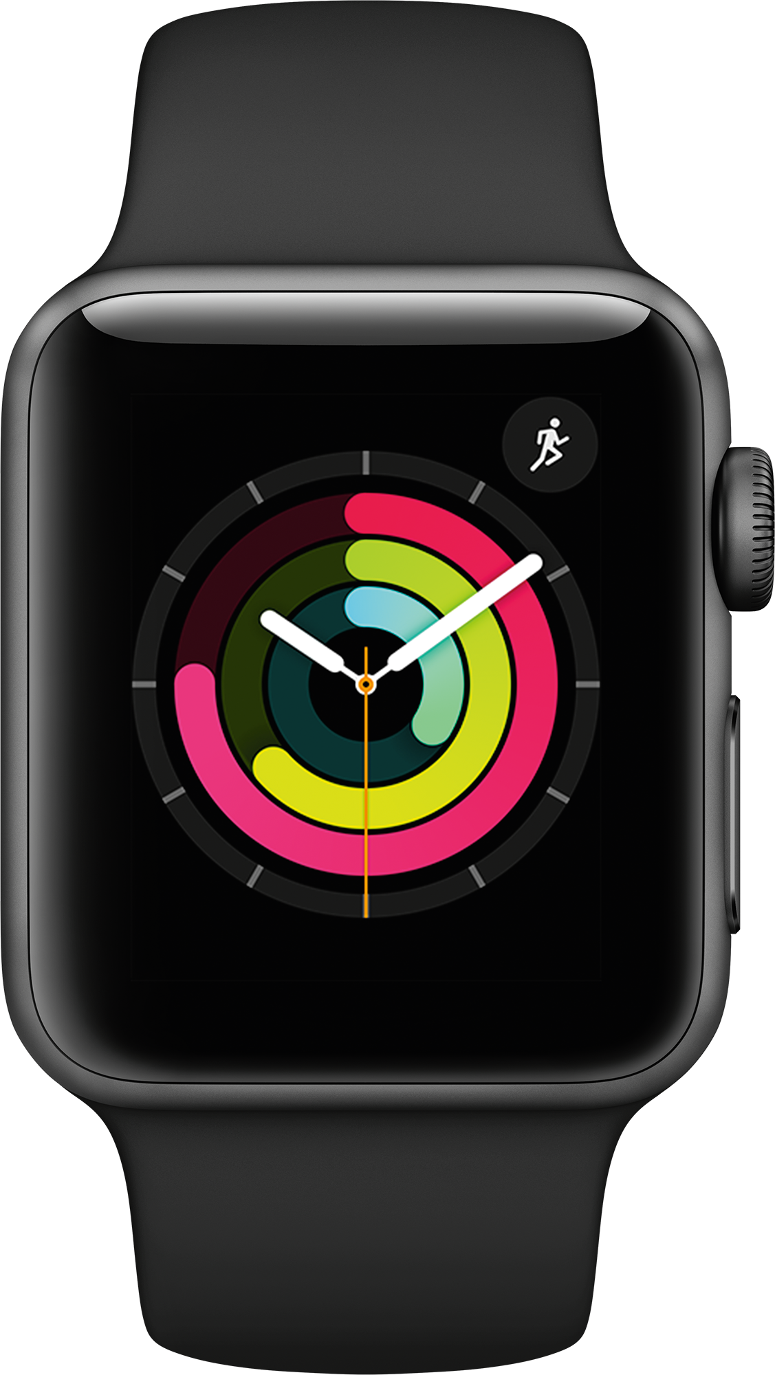 Zwarte smartwatch met zwarte band. Het scherm toont activiteitsringen en een hardloopicoon.
