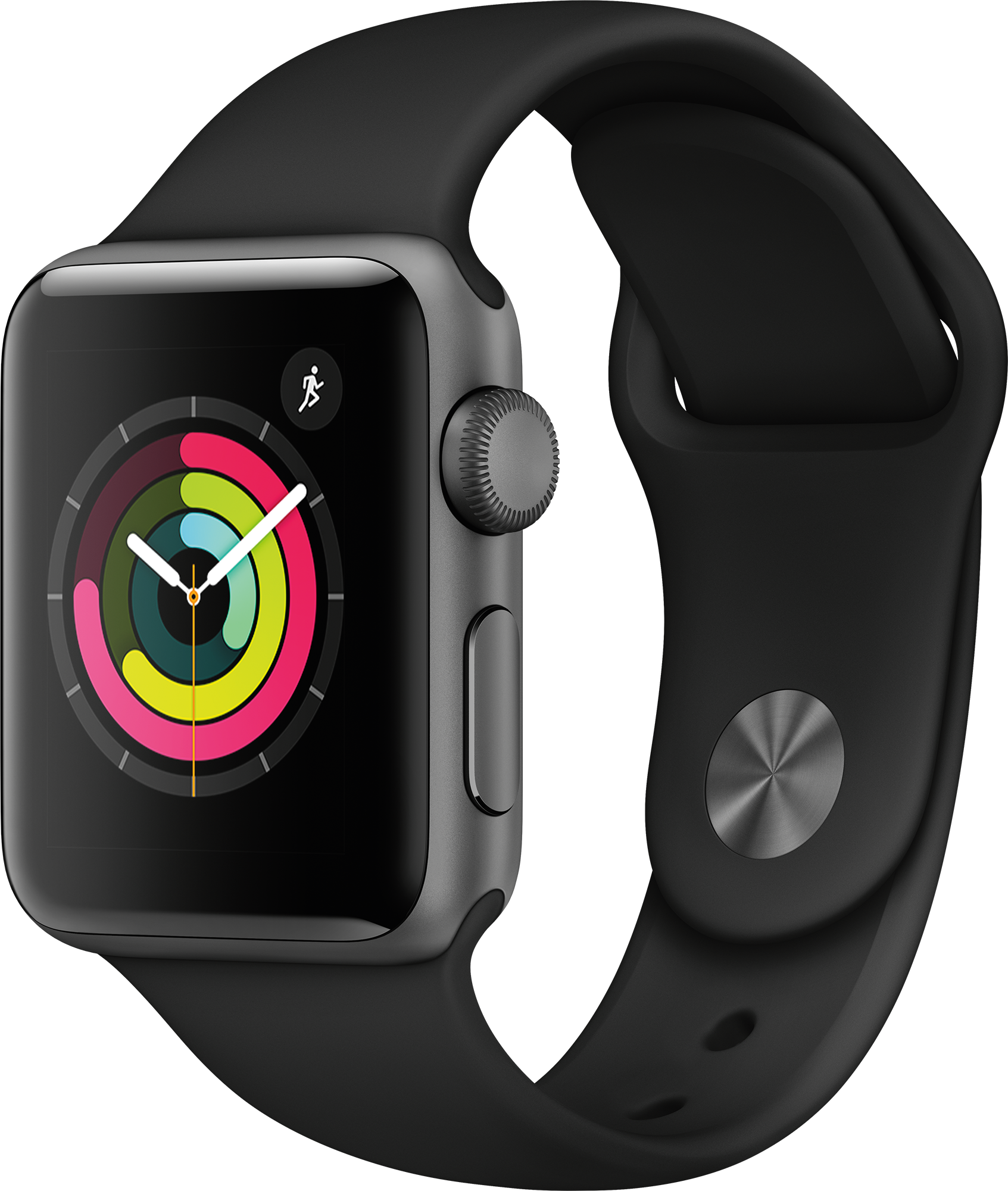 Apple Watch, zwarte band, zwart scherm met activiteitsringen, grijze behuizing.