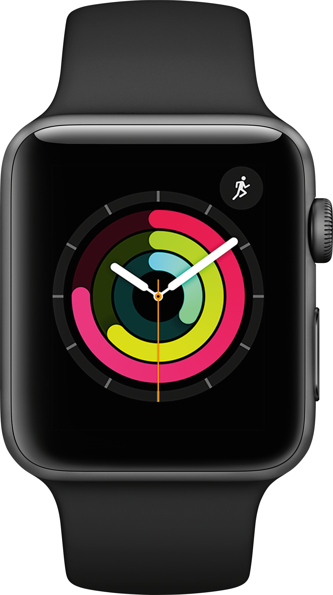 Zwarte Apple Watch met een kleurrijk activiteitentrackerdisplay en zwarte band.