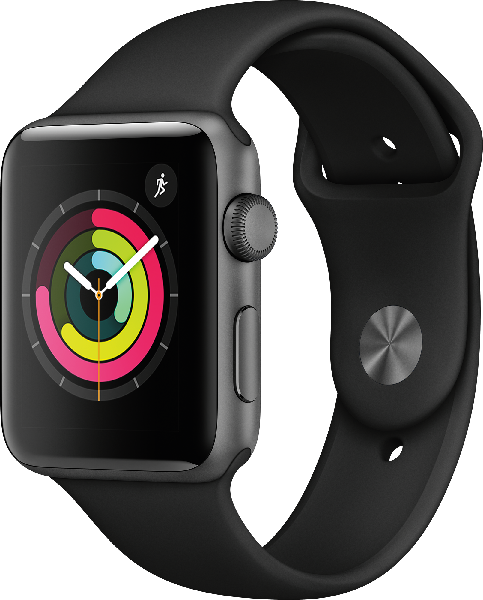 Zwarte Apple Watch met zwarte band, met een kleurrijke activiteitsring en de tijd.