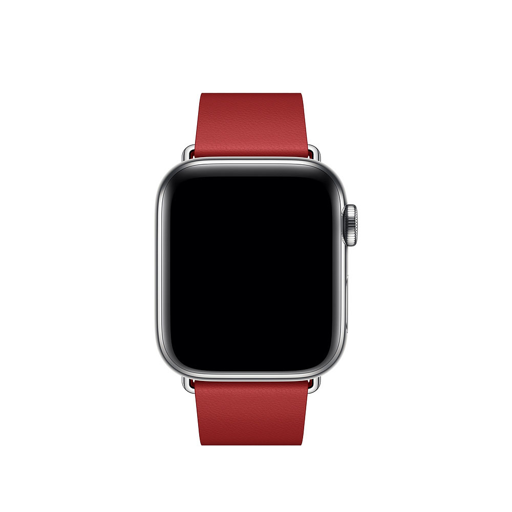 Apple Watch mit rotem Armband, zeigt einen leeren schwarzen Bildschirm.