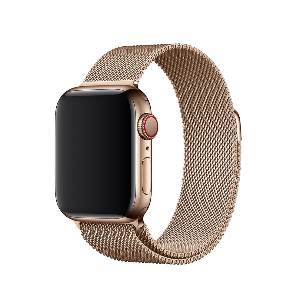 Eine goldene Apple Watch mit goldenem Mesh-Armband auf weißem Hintergrund.