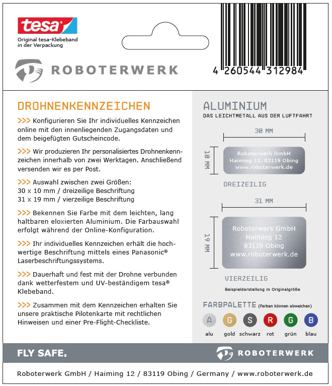 ROBOTERWERK Drohnenkennzeichen aus Aluminium-Gutschein Plakette, Kennzeichen, Mehrfarbig