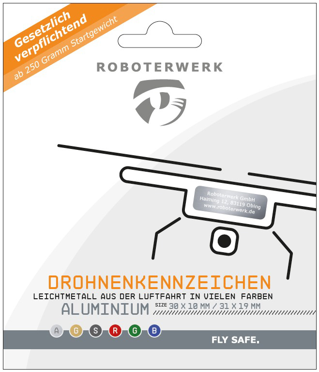 ROBOTERWERK Drohnenkennzeichen aus Aluminium-Gutschein Plakette, Kennzeichen, Mehrfarbig
