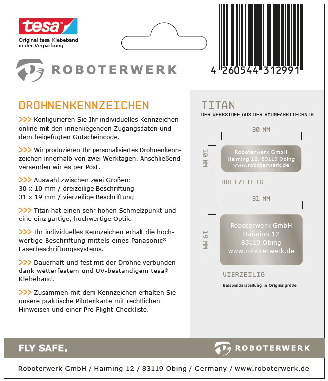 ROBOTERWERK Drohnenkennzeichen aus Titan-Gutschein Plakette, Kennzeichen, Silber