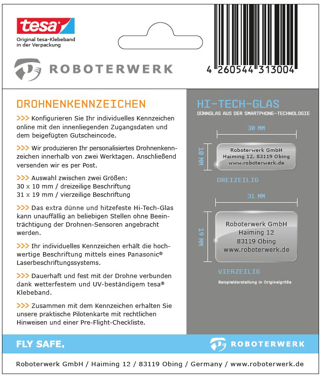 Weißes und blaues Produktetikett für einen Drohnenmarkierungsdienst, mit Text und Diagrammen.