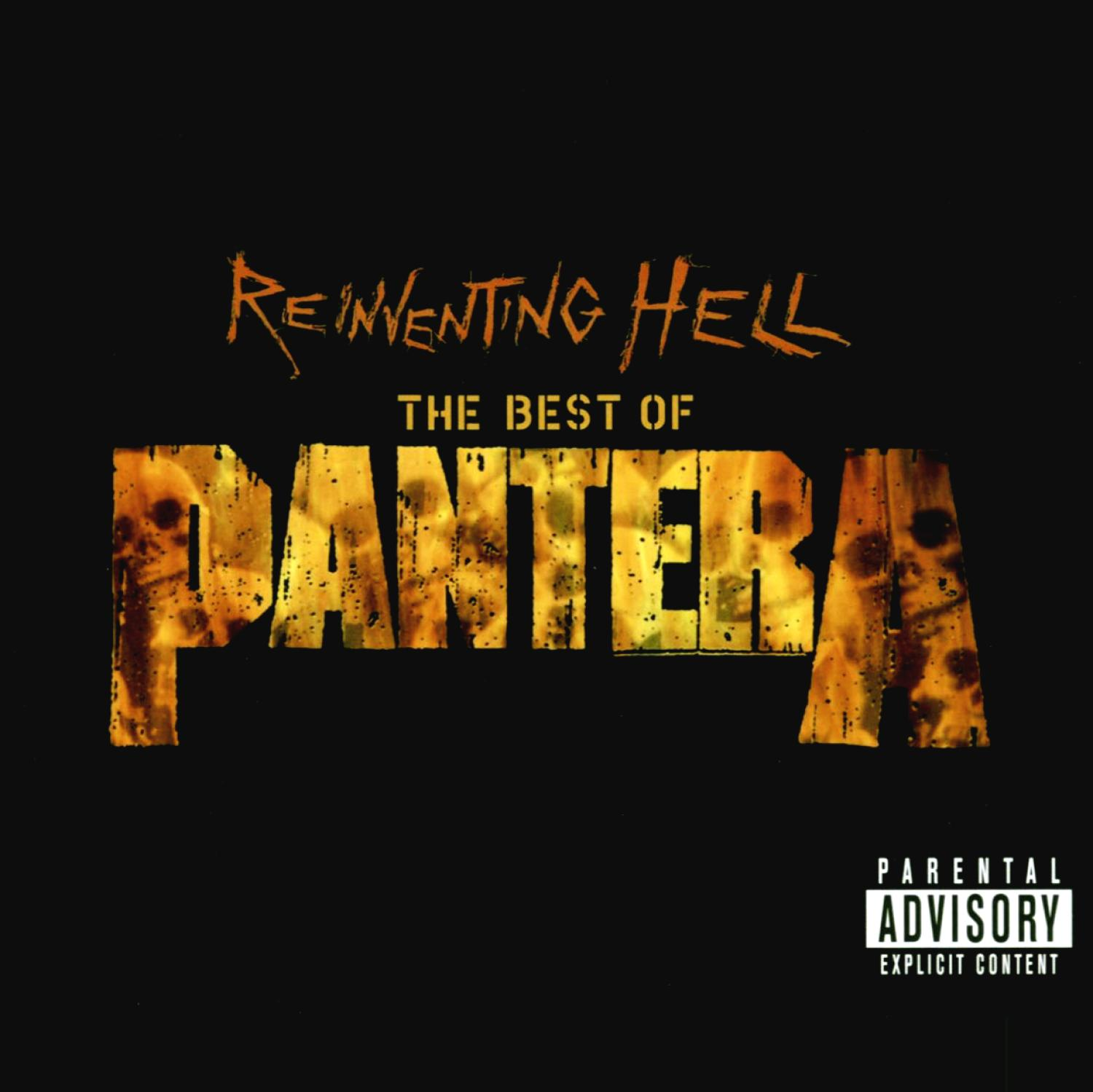 Albumcover für 'Reinventing Hell: The Best of Pantera', schwarz mit Logo und Totenköpfen.