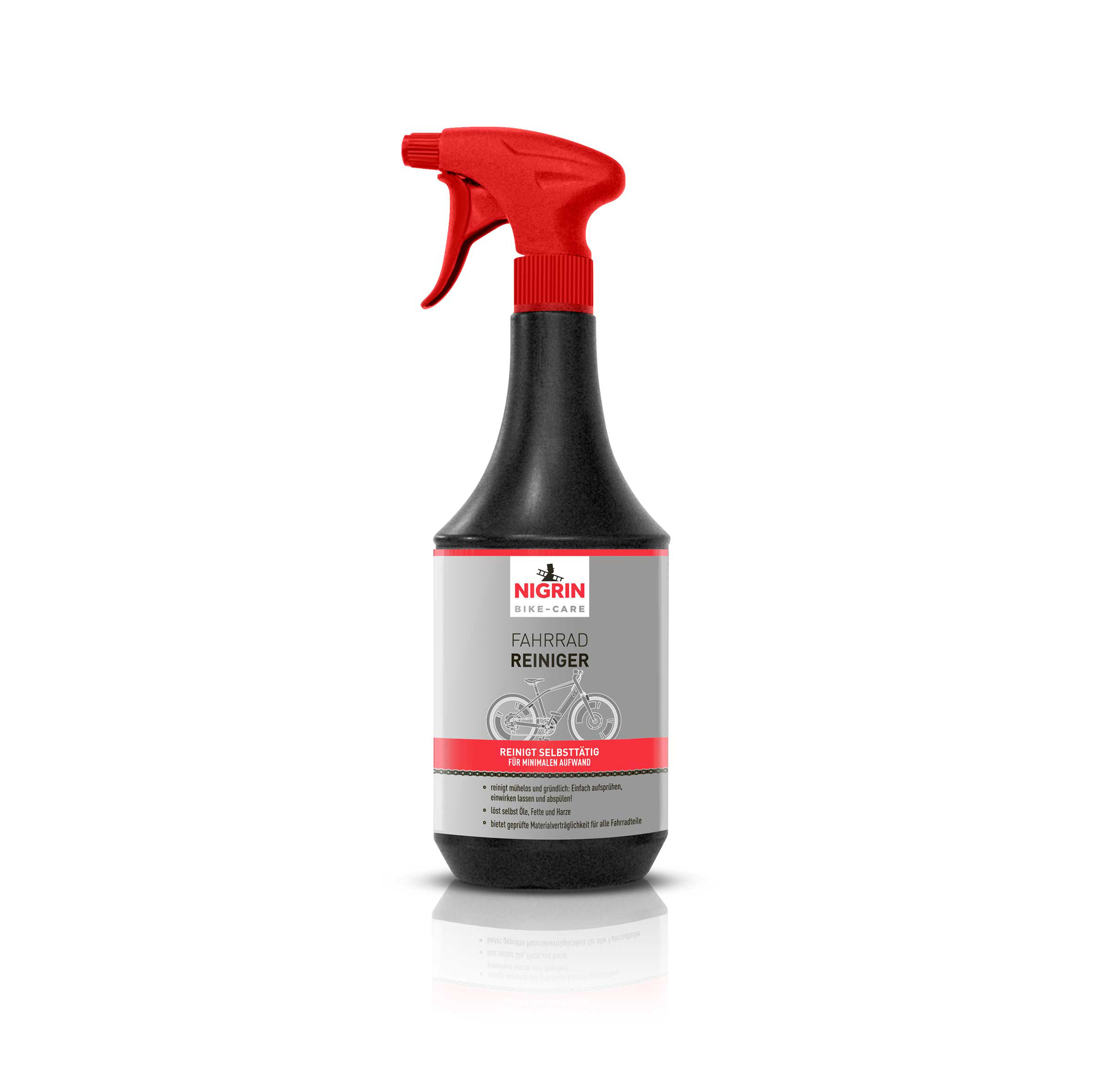 Eine schwarz-rote Fahrradreiniger-Sprühflasche mit dem Markennamen 'NIGRIN'.