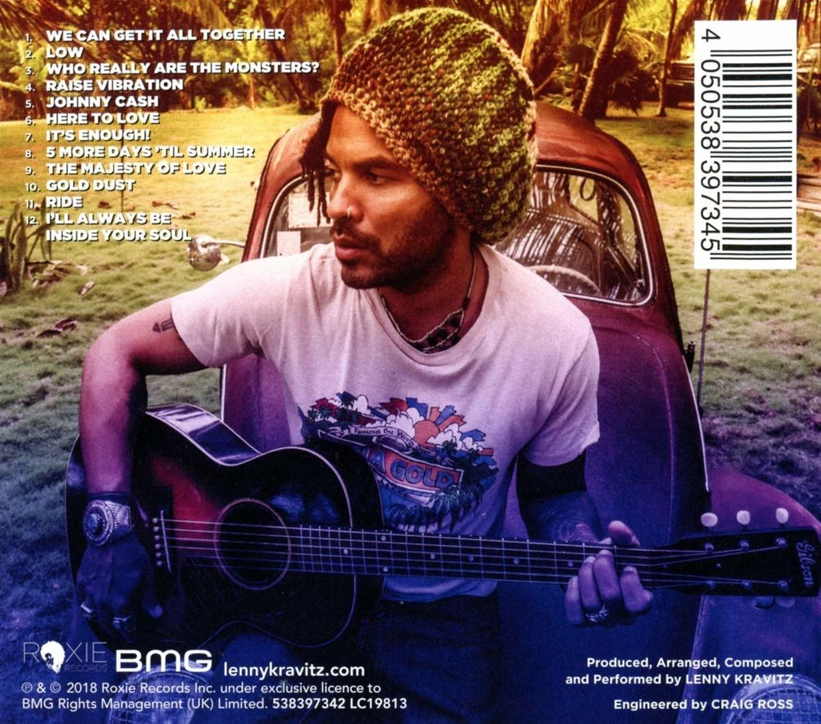 Lenny Kravitz avec une guitare et une voiture vintage. Pochette d'album avec liste des titres et code-barres.