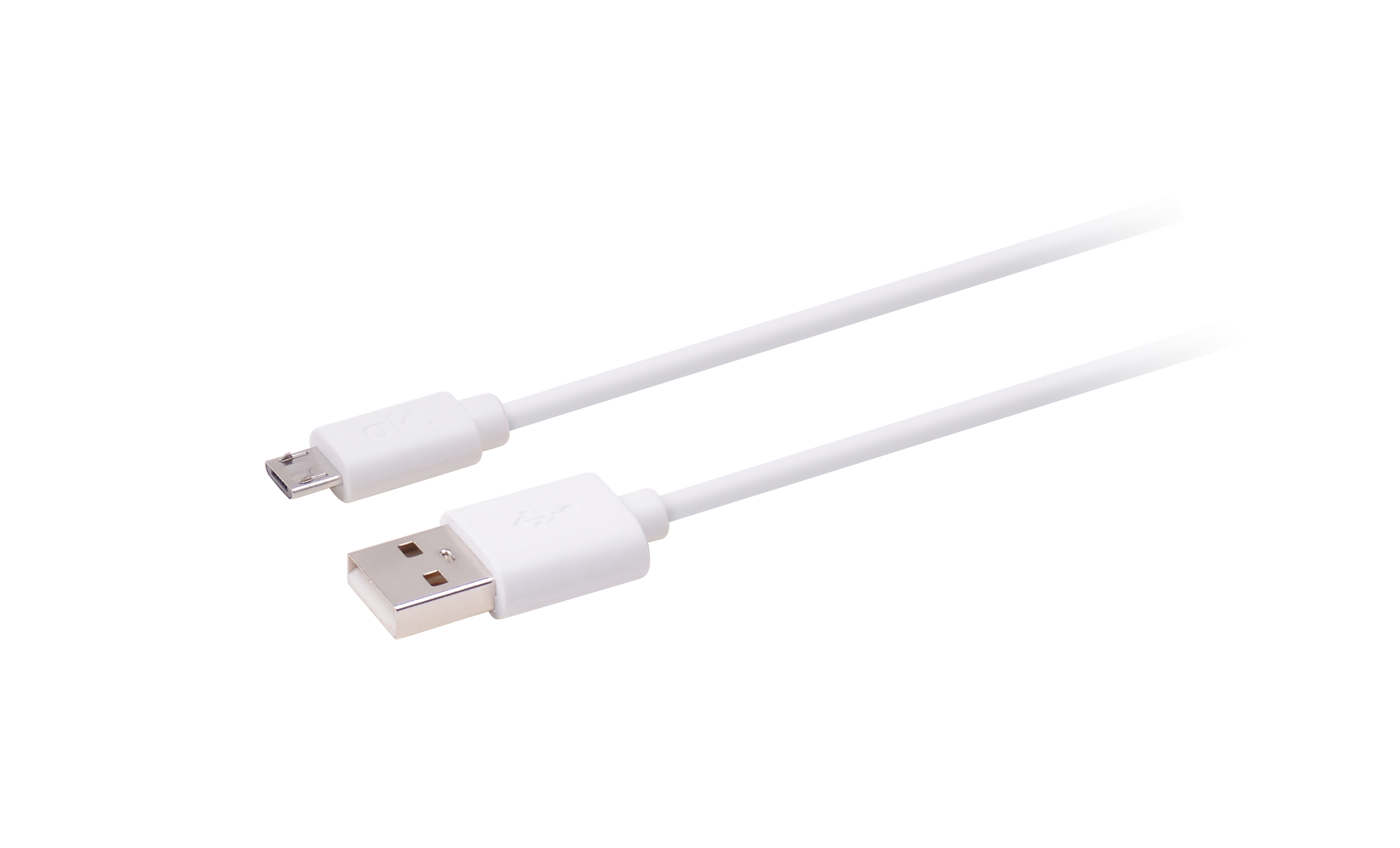 Weißes USB-Kabel mit Micro-USB-Anschluss. Isoliert auf weißem Hintergrund. Einfach und sauber.