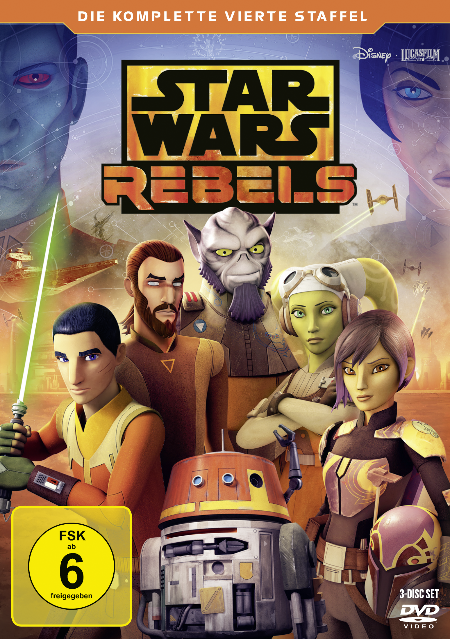 DVD-Cover von 'Star Wars Rebels'. Zeigt mehrere animierte Charaktere und das Logo der Serie.