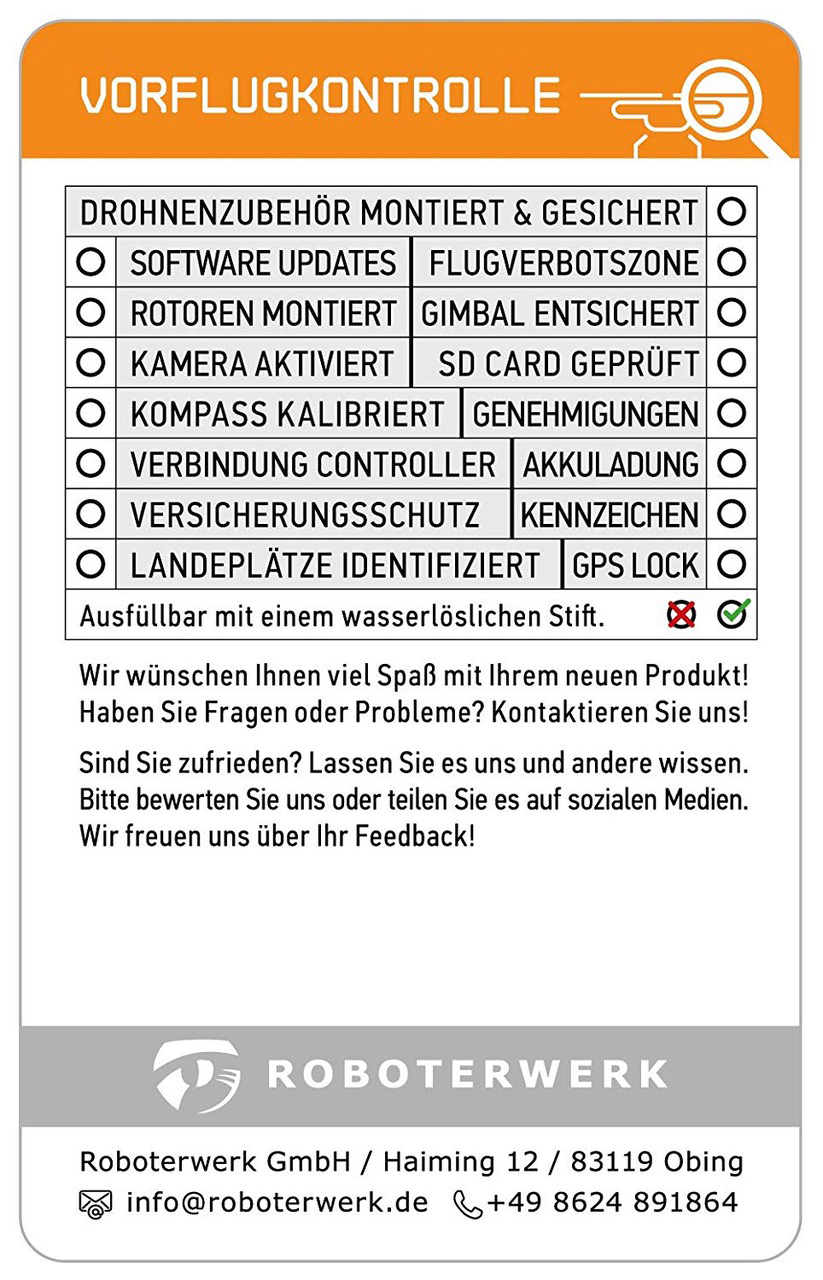 Eine weiße Robotewerk-Karte mit einer Checkliste für die Drohnen-Vorkontrolle und Kontaktinformationen.